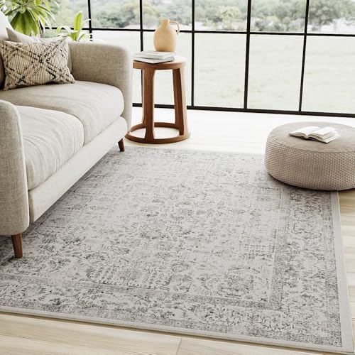 Gray Area Rug 4x6 Office Entryway Rug Machine Washable Kitchen Vintage Distressed Non Slip Carpet Indoor Grey Retro Floral Accent Throw Door Mat for Bathroom Bedroom Dining Living Room