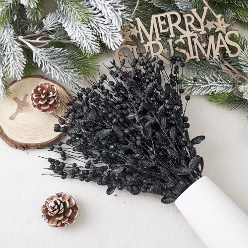 CristBest 24-Pack Christmas Tree Picks Ornaments, Artificial Glitter Berry Stem Glittery Twigs Ornaments for Christmas Tree Decorations, Small Vase, Holiday, Wedding, Party Decorations (Green) - image 3