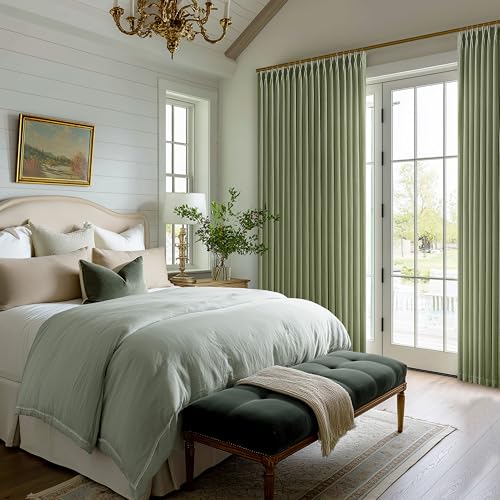 Image of Olive Green Pinch Pleated Linen Semi Sheer Curtains 63 Inch Long