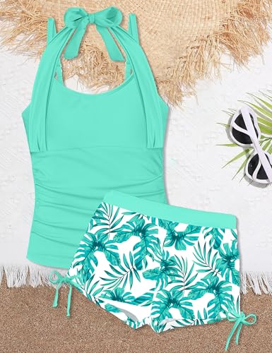 Image of Girls Swimsuit 2 Piece Halterneck Girls Tankini Swimsuit Drawstring Printed Swim Shorts Girl Bathing Suit for 7-18T