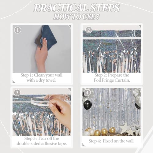 Image of DECOCKRAT 3 Pack Foil Fringe Backdrop - Laser Silver Shiny Tinsel Curtains for Party Decoration /Photo Booth Props - 3.3x8.2 FT Metallic Foil Backdrop for Birthday, Wedding, Graduation, Christmas.