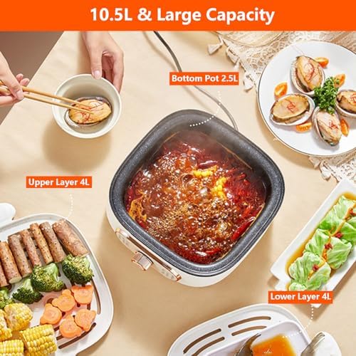 Pentola Elettrica 2 in 1, Fornello A Vapore Elettrico da 1200 W, Scalda Alimenti Caldi a Doppio Strato da 10,5 Litri con Coperchio Visivo e Tappetino Antiscivolo, Multi-Cooker per Verdure, Carne