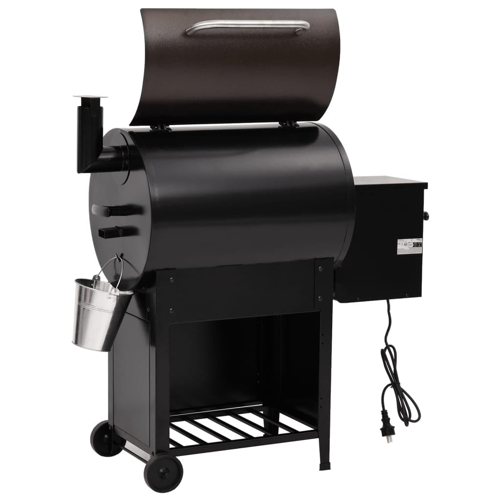 vidaXL Barbacoa de Pellets con Chimenea, Parrilla para BBQ con Rueda y Cubo de Aceite 6 en 1 Limpia Fácil, Ahumador de Pellets, Hierro Negro