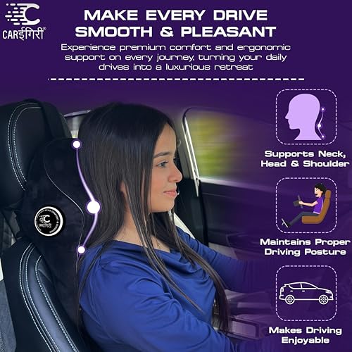 Image of Carigiri Cradle Car Neck Rest Cushion|1 Year Warranty| Memory Foam Neck Pillow| Seat Headrest Cushion| Car Neck Pillow for Neck Pain Relief in Office, Driving(Large+,Black,Black Hemming,Pack of 1)