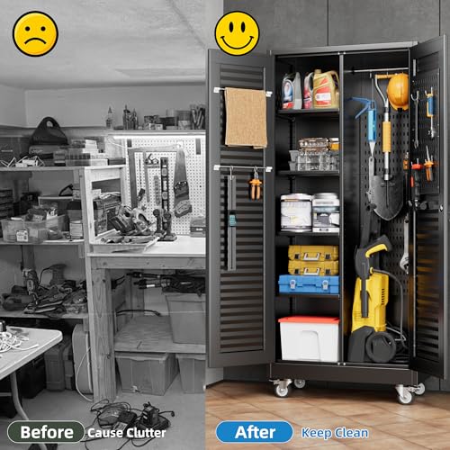 Aobabo Lockable Metal Storage Cabinet with 4 Adjuatable Shelves,Garage Storage Cabinet with Wheels and 5 Remove Pegboard,Required Assembly,Black,70.87\'\'H*31.5\'\'W*15.75\'\'D