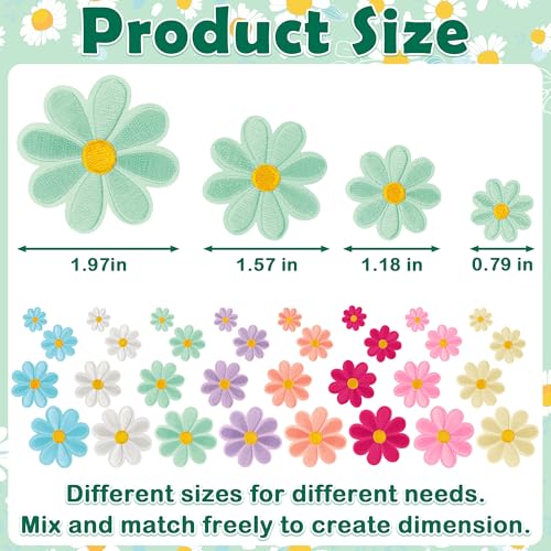 32Pcs 4 Sizes Daisy Flower Iron on Patches Cute Daisy Floral Embroidery Applique Patch for Hats Clothes Jeans Jacket(Multicolor)