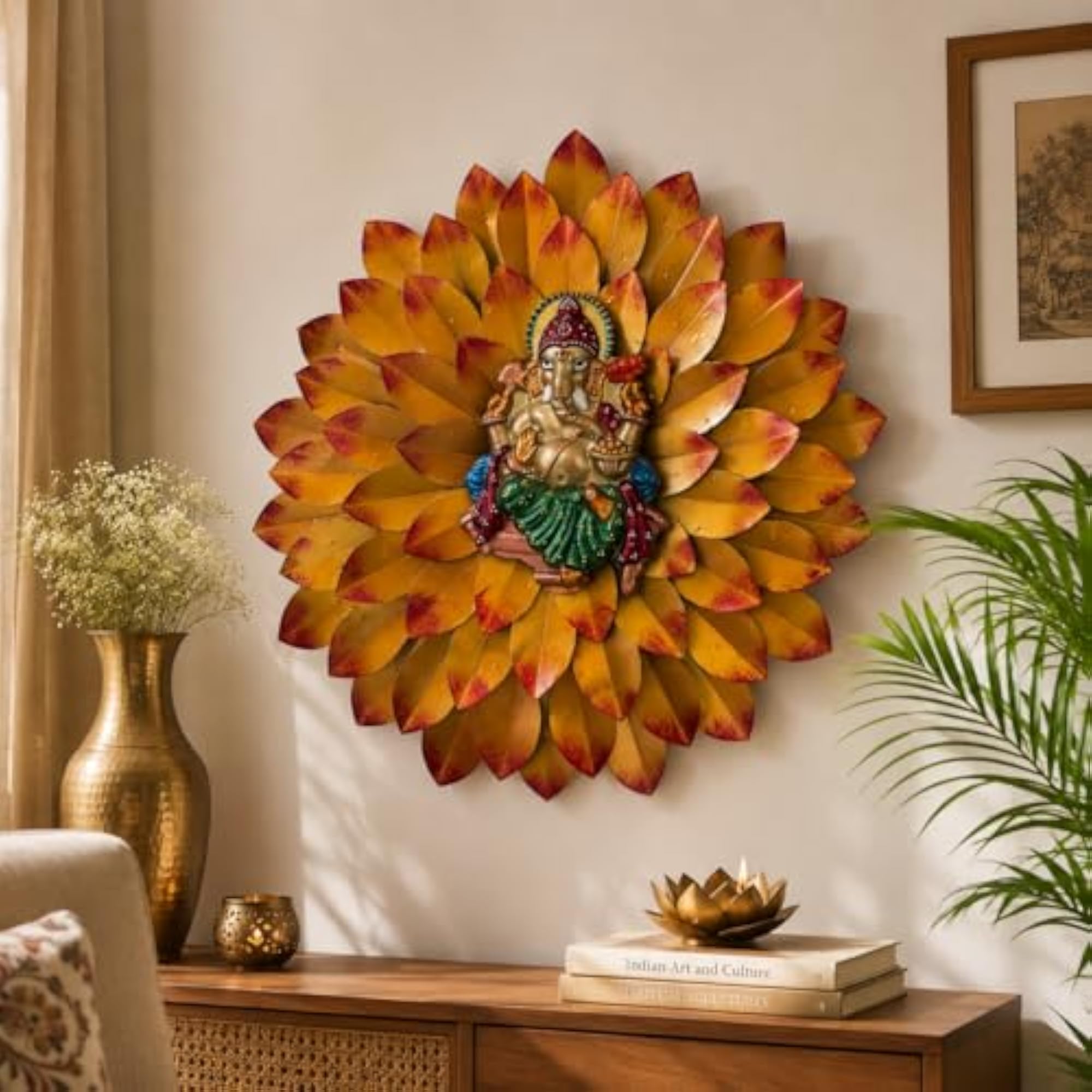 Lord Ganesha Metal Wall Art with Lotus Flower Design