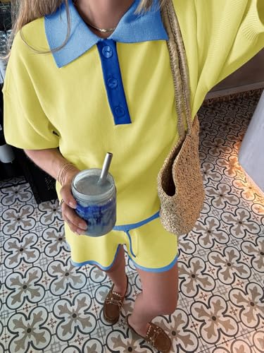 Image of Tankaneo Womens 2 Piece Short Sets Short Sleeve Knit Tops Vacation Outfits | Sweater Fabric, 2026 Summer, Collared, Matching Lounge Set