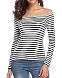 Fuinloth Women's Off Shoulder Tops, One Shoulder Shirts, Long Sleeves Sexy Slim Fit Tees Stripe Medium