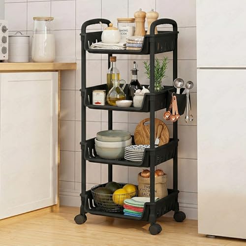 Image of Lukzer 4-Tier Plastic Rolling Storage Cart with Wheels | Multipurpose Utility Trolley Organizer with Basket Shelves & Side Holder & Hooks for Kitchen, Bathroom, Laundry & Office (Black /26x34x103 cm)