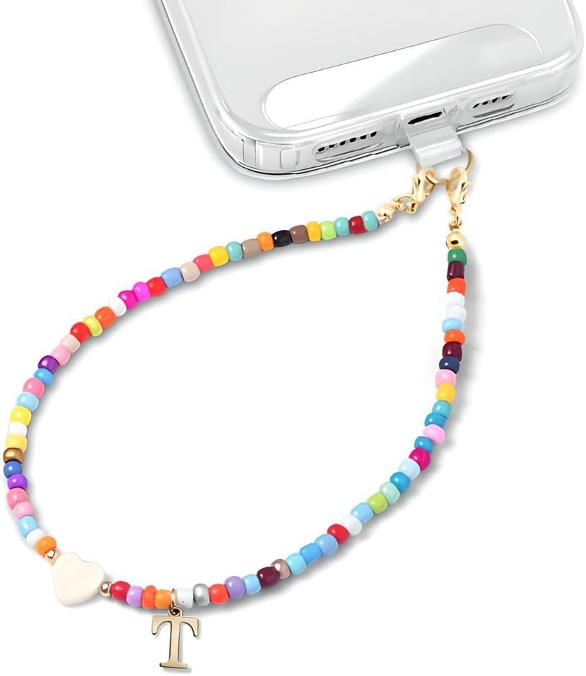 Personalized Colorful Initial Letter Phone Charm for Girls Beaded Cellphone Chain Wrist Strap for Women Sea Shell Heart Bead Phone Lanyard