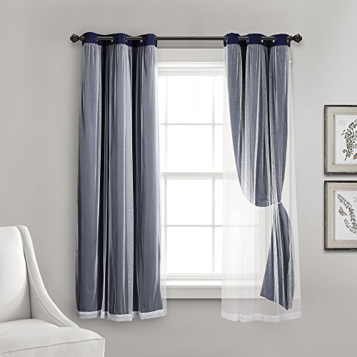 Lush Decor Sheer Grommet Curtains Panel with Insulated Blackout Lining, Room Darkening Window Curtain Set (Pair), 38" W x 63" L, Navy - Image 4