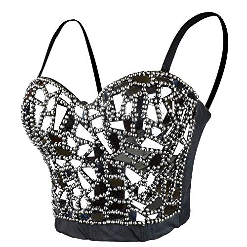 ELLACCI Sexy Glass Mirror Beaded Bustier Crop Top Push up Corset Top with Detachable Straps Grey X-Small