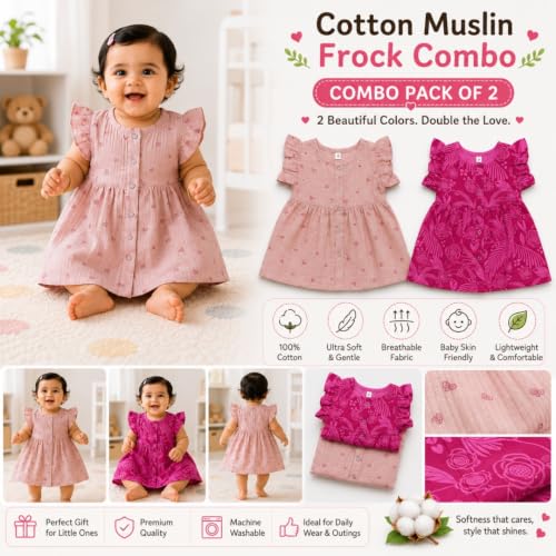 Image of Lilimi Toddler Baby Girl Cotton Muslin Dress, Breathable Flutter Sleeve Button-Front Cute Frocks