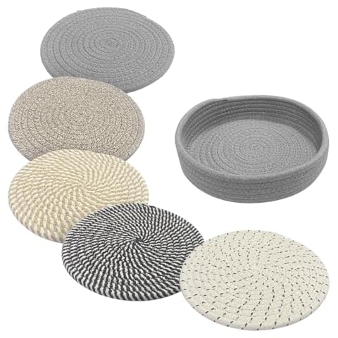 8 Inch Trivets for Hot Dishes, Trivets for Hot Pots and Pans 5 Pcs Hot Plate Mats with 1 Pcs Storage Basket for Kitchen Countertops, Table, Home Essentials, Farmhouse Decor Cover