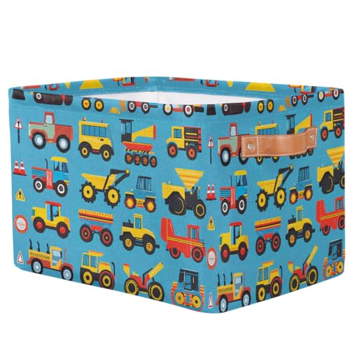 Image of Cartoon Construction Storage Baskets for Organizing, Fabric Collapsible Storage Bins Box Cars Tractors Bulldozers Decorative Toy Organizer Baskets for Closet Shelves Gift Basket 1 Pc