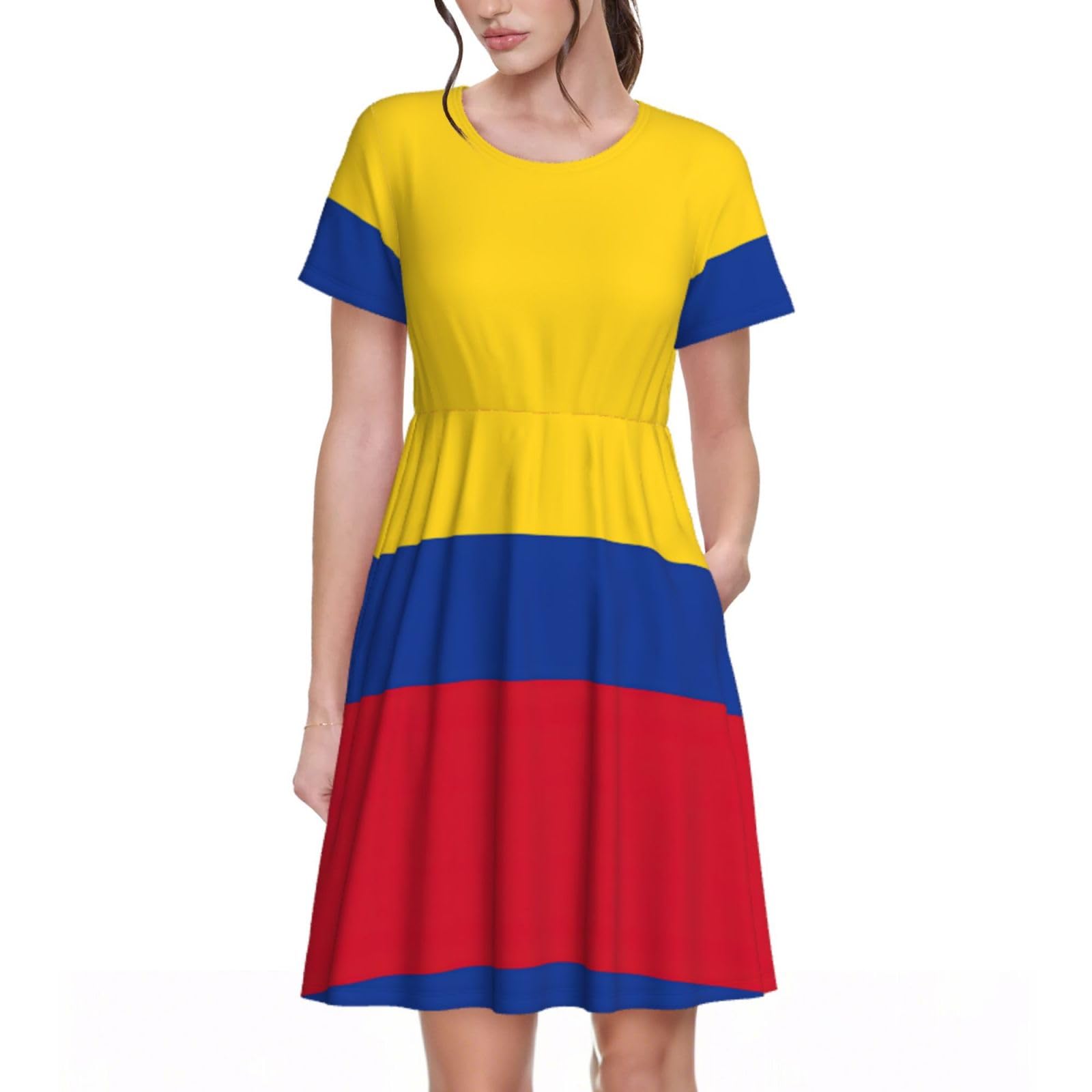 Flag of Colombia Womens Summer Dress Casual Swing Short Sleeve Sundresses Beach A-Line Shift Dress with Pockets Black