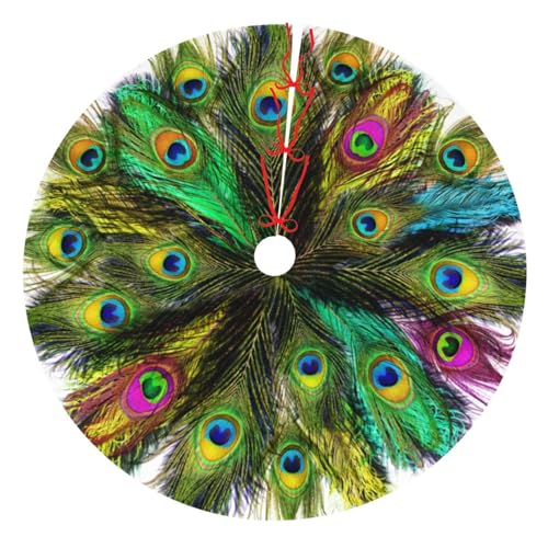 Colorful Peacock Feather Beatiful 36 Inch Christmas Tree Skirt Carpet Mat Funny Party Soft Cover Mat Decor Supplies for Xmas Halloween Decorations Occasion Farmhouse