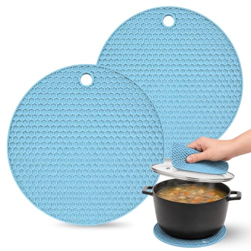 Salvamantel de silicona, Protector Sartenes, Base para cazuelas, Salvamanteles Cocina, Resistente hasta 230 °C, Apto para Lavavajillas, Diámetro 17 cm, Grosor 0.5 cm, Silicona, Azul, 2 Unidades