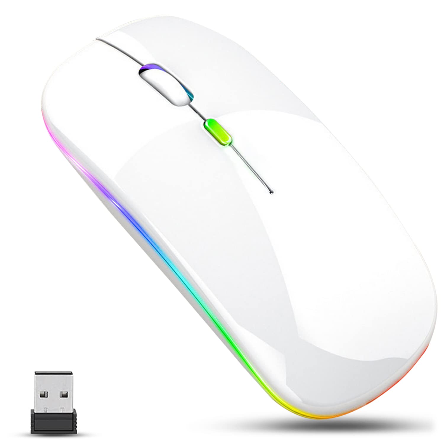 GLOBAL TECH LED Wireless Mouse, Slim Rechargeable Wireless Silent Mouse, 2.4G Portable USB Optical Wireless Cordless Mice with USB Receiver for Laptop, PC, Computer, Mac (White)
