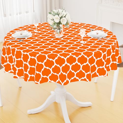 Image of Smiry Round Table Cloth, Flannel Backed Vinyl Tablecloth, 60 inch Round | Waterproof Plastic Tablecloths, Wipeable Table Cover for Dining, Indoor and Outdoor (Orange)