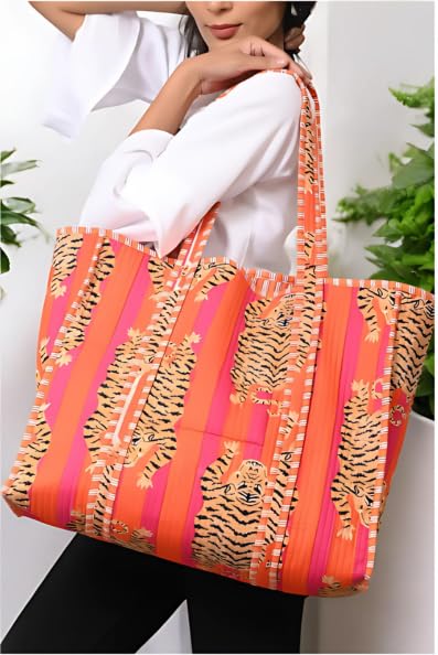 Image of YILLE Cotton Quilted Floral & Tiger Print Tote Bag, 18 x 18 inches For Grocery Shopping, Travel