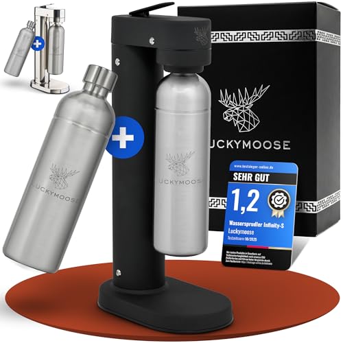 Luckymoose Infinity-S Wassersprudler aus hochwertigem Edelstahl (Black/Silver) – inkl. 2x 1,25L Edelstahlflaschen – extra hygienische herausnehmbare Düse – Langlebige CO₂ Sprudelwasser Maschine