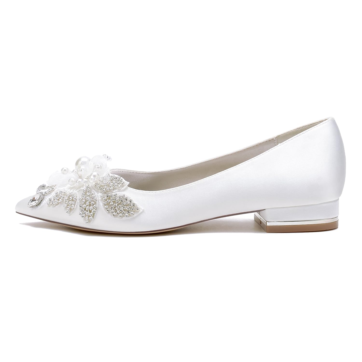 Scarpe col Tacco Basse Donna a Punta Decollete a Punta Chiusa Strass Fiore Sandali con Raso da Sposa per Affari e Lavoro