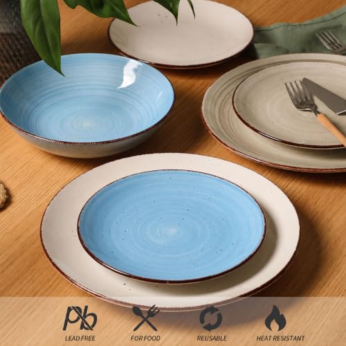 Image of Dinnerware Sets for 6, 18 Piece Stoneware Plates and Bowls Set, Blue | Dishware Sets Kitchen, Chip & Scratch Resistant Ceramic, Microwave & Dishwasher Safe