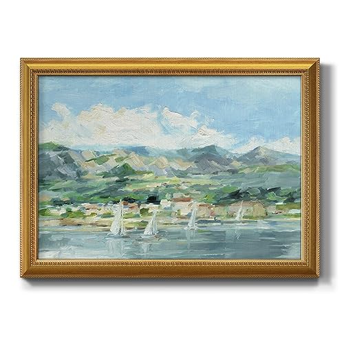 Renditions Gallery Landscape Wall Art White Sailboat on Lake Painting Picture Modern Abstract Artwork Home Décor Gold Framed Canvas Prints Wall Decorations for Living Room and Bedroom 28x40 Inch