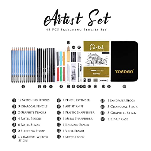Yosogo 49- Piece Drawing & Sketching Pencils Set, Artist Kit Includes Sketchbook, Graphite, Charcoal, Pastel Pencils & Sticks, Sharpener & Eraser With Case #TOP7