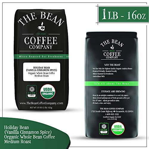 The Bean Coffee Company Organic Holiday Bean (Vanilla Cinnamon Spice), Medium Roast, Whole Bean, 16-Ounce Bag