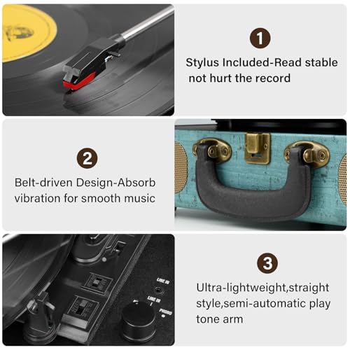 Vinyl Record Player 3-Speed Bluetooth Suitcase Portable Belt-Driven, Supports Bluetooth, RCA Output, 3.5mm aux-in and Headphone Jack and MP3, Mobile Phones Music Playback by Mersoco - Image 5