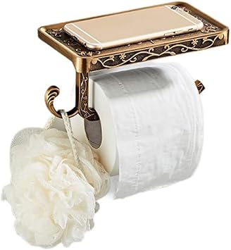 Vintage Paper Towel Holder with Cellphone Shelf for Bathroom, Wall Mount Anti-Rust Aluminum Paper Towel Rack Brass