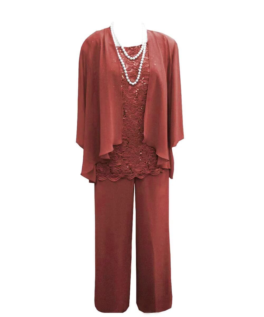 3 Pieces Formal Pant Suits for Women Dressy Wedding Lace Chiffon Mother of The Bride Pant Suits for