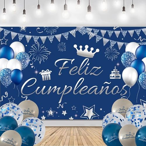Miniatura 7 de Im Pancarta Feliz Cumpleaños En Español Medidas 110x180cm De Poliester 12 Globos Decoración Para Fiesta De Cumpleaños Cartel Feliz Cumpleaños Photocall Azul-Blanco