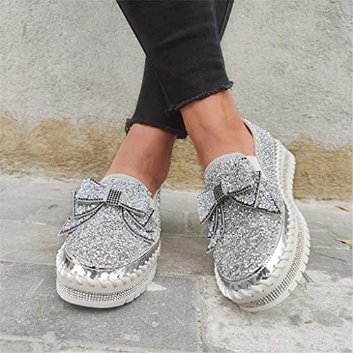 HINDOLA Women's Platform Rhinestones Glitter Sneaker Cute Bow Slip On Comfort Sequin Shiny Flat Loafers Casual Walking Shoes2