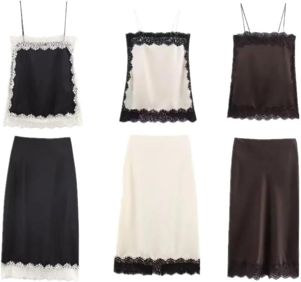 Women's Lace Crop Camisole Top and Midi Skirt Set Mid Waist