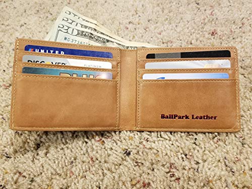 Tan Leather Baseball Seam Bi-Fold Wallet #TOP4