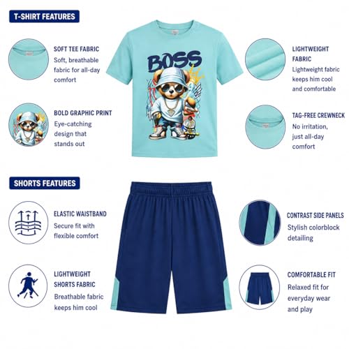 Image of Pro Athlete Boys Shorts Sets - 4 Piece Dry Fit Short Sleeve Crewneck Graphic Tee and Performance Shorts for Boys (Sizes 8-16)