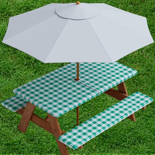 sorfey vinyl umbrella picnic table and bench fitted tablecloth cover, checkered design, flannel backed lining, 30x60 inch, 3-piece set, green