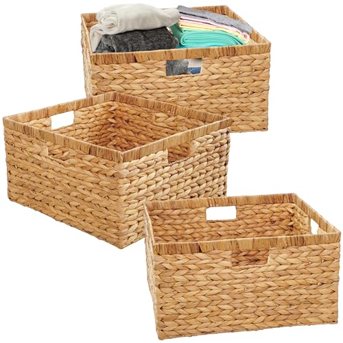 Large 14.5” x 13.5” x 8” (Set of 3) Natural Water Hyacinth Woven Storage Baskets, Rectangular Wicker Basket with Built-in Handles, Large (Natural)