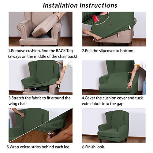 Image of Turquoize Wingback Chair Covers 2 Piece Wing Chair Slipcover Stretch Slipcovers for Wingback Chairs Wing Chair Cover Spandex Jacquard Fabric with Elastic Bottom Non-Slip Furniture Cover, Bronze Green