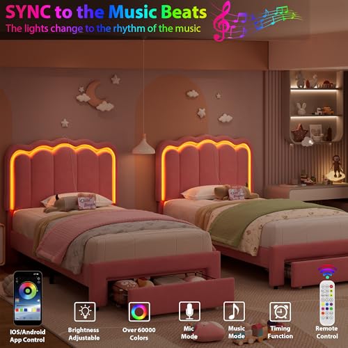Twin Upholstered LED Bed Frame with Storage Drawer and Adjustable Chic Double Wavy Headboard, Velvet Princess Platform Bed for Girls/Kids, Solid Wood Slats Support, No Box Spring Needed, Pink