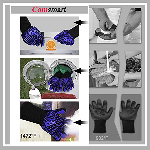 Image of Comsmart BBQ Gloves, 1472F Heat Resistant Silicone Non-Slip Oven Mitts, Long Kitchen Gloves Perfect for Grilling, Cooking, Baking, Cutting, Blue