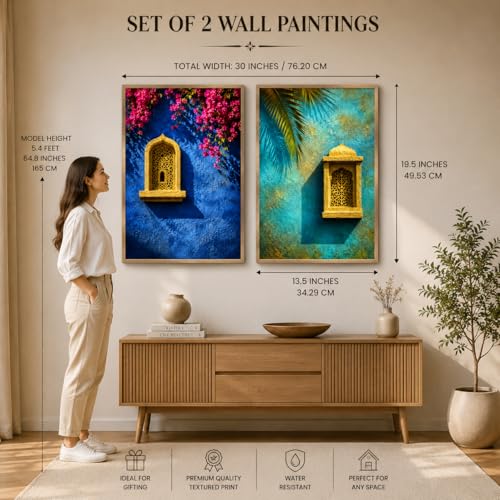 Image of Livin'luxe Set of 2 Blue Moroccan Window Wall Paintings for Living Room Bedroom Hallway Decor with Premium Wooden Color Synthetic Frame (13.5 x 19.5 Inch) NM02-103