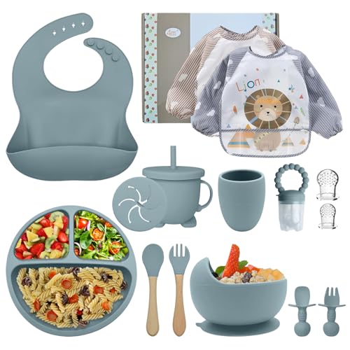 P'TIT JOY Juegos de Vajilla Bebe,Juego de 15 Piezas plato bebe ventosa,Cubiertos Bebe,chupete fruta bebe,Cubiertos Infantiles,Cuchara Bebe,Babero Silicona Bebe,Plato de Silicón Antideslizante Sin BPA