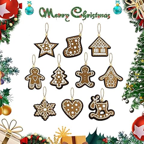Athoinsu 10 PCS Rustic Christmas Tree Decorations Hanging Figurines Ornaments Gingerbread Snowflake Star Heart House Tree Elk Home Xmas Holiday Party Props Decors for Family Cover