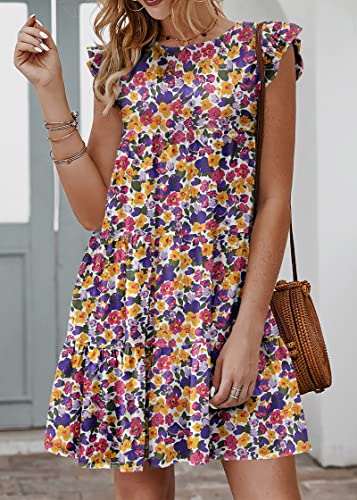 Image of KIRUNDO Summer Dresses for Women Sundress Sleeveless Ruffle Sleeve Round Neck Loose Short Flowy Pleated Mini Babydoll Dress