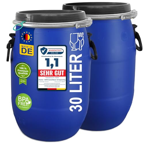 plasteo® 2 Stück 30 Liter Deckelfass lebensmittelecht FDA-Zulassung UN-Zulassung IKG Gütezeichen Kunststofffass Weithalsfass Universalfass Luftdicht verschließbar stapelbar